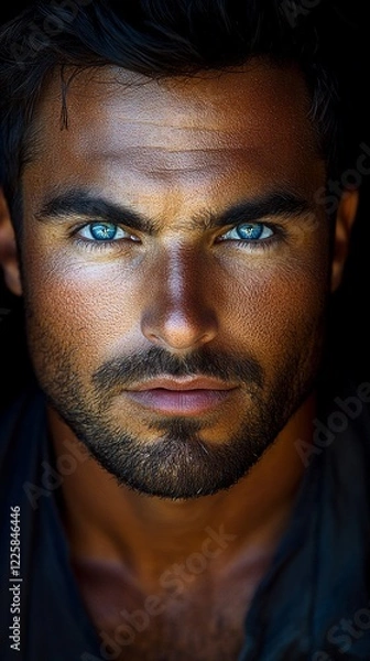 Fototapeta Close-up portrait of a handsome man with intense blue eyes and a beard.