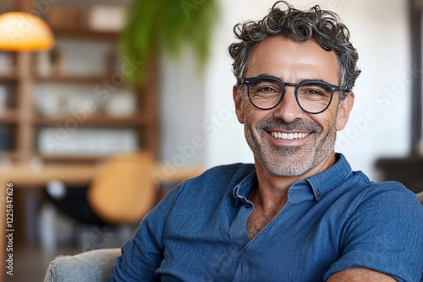 Fototapeta Portrait of a smiling man wearing glasses in a casual blue shirt, relaxed indoor setting, professional yet approachable demeanor, perfect for business, lifestyle, and personal branding concepts.