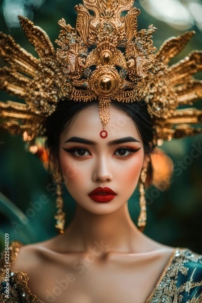 Fototapeta An elegant image capturing the close-up of a woman adorned in a regal attire featuring ornate details, her expressive gaze conveying strength and beauty amidst vibrant colors.