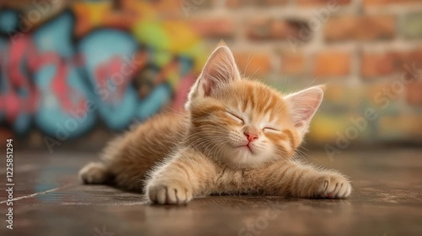 Fototapeta Adorable ginger kitten sleeping peacefully.