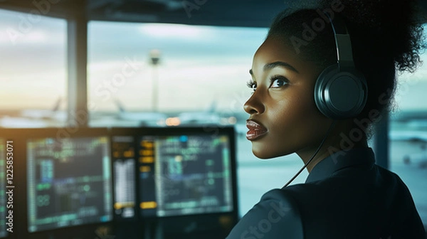 Fototapeta Female Air Traffic Controller in a Control Tower