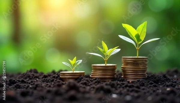 Fototapeta Stacks of coins grow in dark soil. Green plants sprout on top of coins eco-friendly business. Image highlights relation between sustainable strategies, financial success.