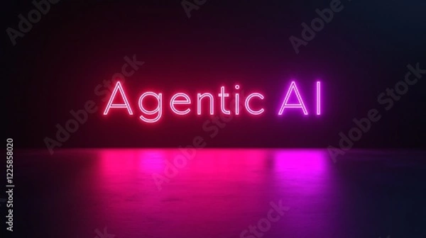 Fototapeta Luminous Agentic AI Text Display Against a Dark Background With Reflective Floor Surface.