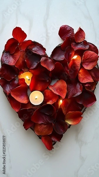 Fototapeta Romantic heart shape made of red rose petals and candles.