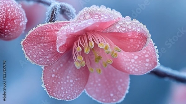 Fototapeta Close-up of a frost-covered pink flower with water droplets.