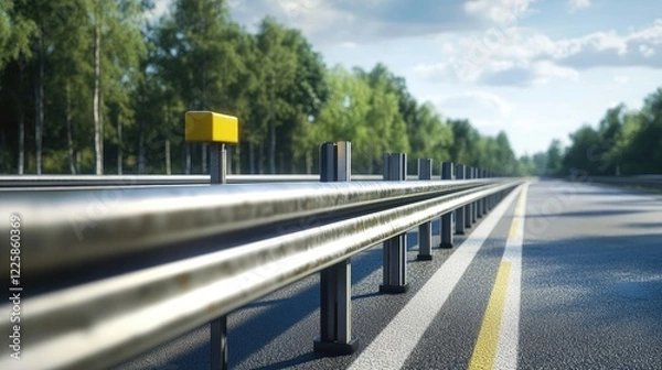 Obraz A metal barrier lines the roadside, providing essential protection against vehicle accidents and enhancing safety on highways and roadways.