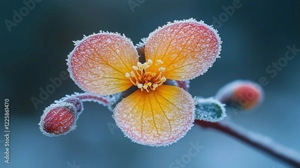 Fototapeta Frosty orange flower with buds on a branch.