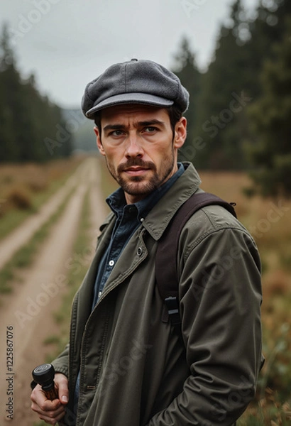 Fototapeta Man in flat cap and jacket on rural path