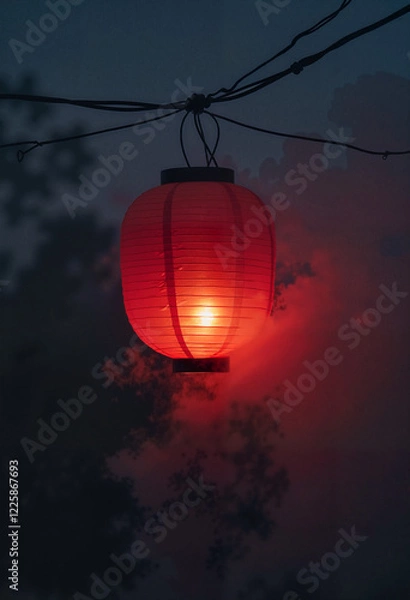 Fototapeta Glowing red paper lantern hanging in twilight sky