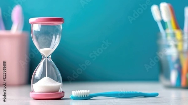 Fototapeta Toothbrush and sand timer on counter, oral hygiene concept