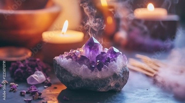 Fototapeta Amethyst crystal in meditation space with candlelight