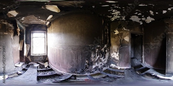 Fototapeta 360 Degree panoramic sphere photo taken of an extremely run down property that has had a massive fire showing the burnt walls ceiling floors in the bedroom in the fire damaged house