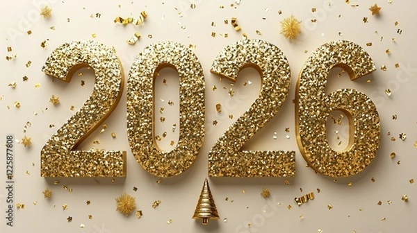 Fototapeta Sparkling "2026" Typography with Gold Confetti and Party Decor