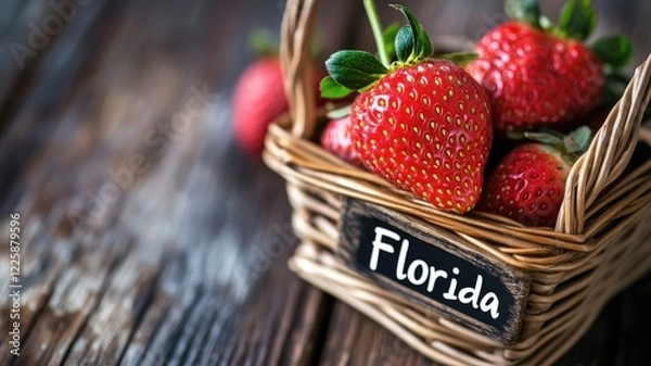 Fototapeta Fresh strawberries in a wicker basket with the word "Florida"