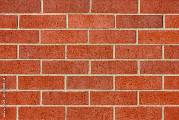 Fototapeta An abstract image of a rectangular red brick exterior wall with a rough texture and varying shades of red ranging from light to dark. 
