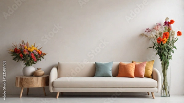 Fototapeta Sofa in living room decorated with colorful cushions and table with flowers in vase