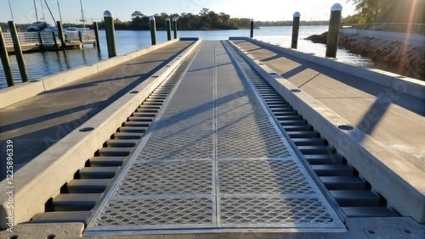 Fototapeta Medium closeup of the improved boat ramp structure featuring reinforced edges and drainage channels with sunlight casting dynamic shadows over the newly designed features.