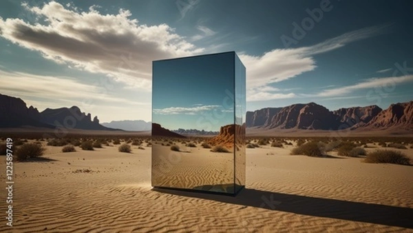 Fototapeta Reflective Mirror Obelisk Standing in a Vast Desert