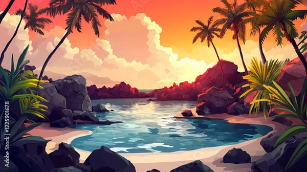 Fototapeta Tranquil lagoon with palm trees and volcanic rocks in hawaii. Lava Lagoon. Illustration