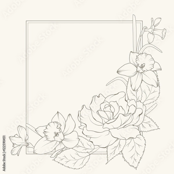 Obraz Rose and narcissus flowers corner frame design element
