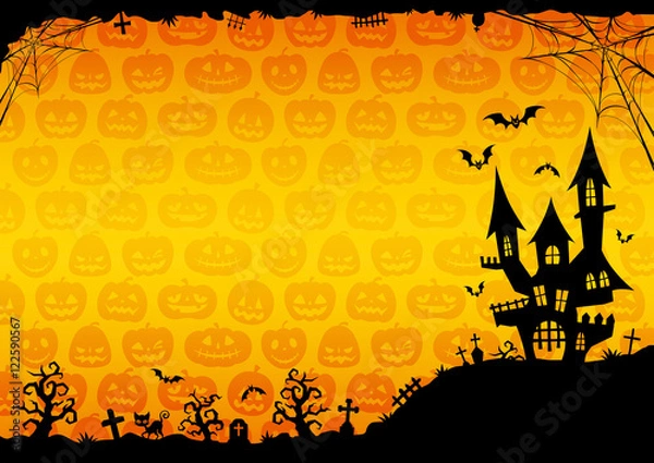 Fototapeta ハロウィン：城のそびえる背景（オレンジ）横2