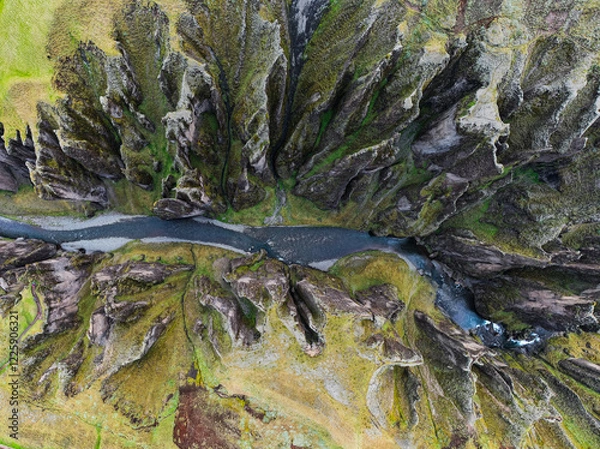 Obraz Breathtaking aerial drone view of a serene river winding through a majestic Fjadrargljufur Canyon in Iceland