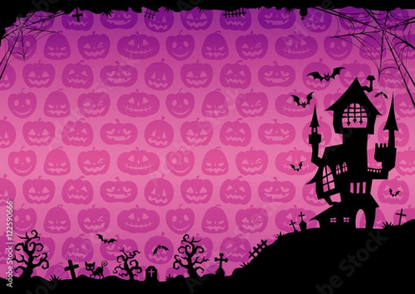 Fototapeta ハロウィン：城のそびえる背景（紫）横2
