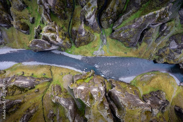 Obraz Breathtaking aerial drone view of a serene river winding through a majestic Fjadrargljufur Canyon in Iceland