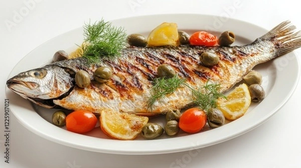 Fototapeta Grilled fish with lemon, olives, and tomatoes.