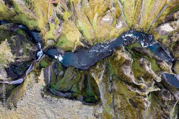 Obraz Breathtaking aerial drone view of a serene river winding through a majestic Fjadrargljufur Canyon in Iceland