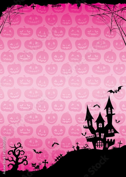 Fototapeta ハロウィン：城のそびえる背景（ピンク）縦2