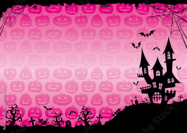 Fototapeta ハロウィン：城のそびえる背景（ピンク）横2