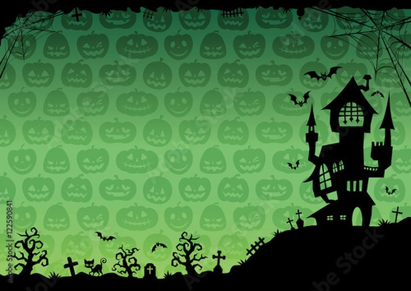 Fototapeta ハロウィン：城のそびえる背景（緑）横2