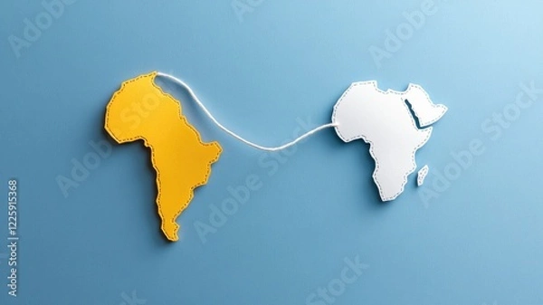 Obraz Cutout maps of South America and Africa connected by string on blue background