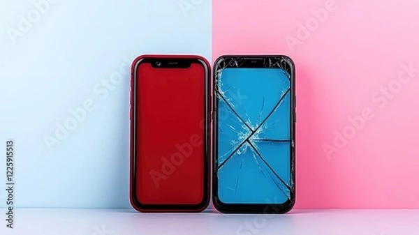 Obraz Two smartphones, one intact and with cracked screen, on pastel background