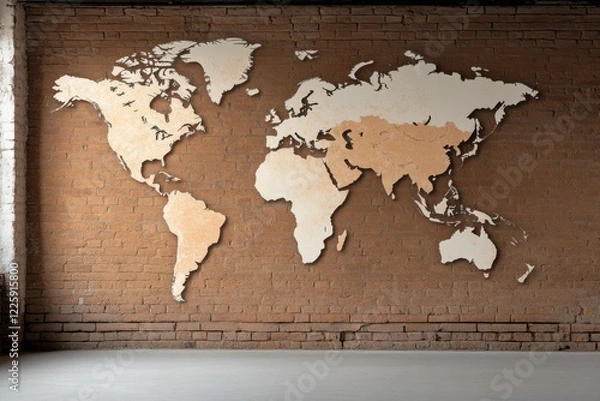 Fototapeta world map is drawn on a brick wall. A large map for exploring countries and cities, home decor. geography, geography, tourist destinations