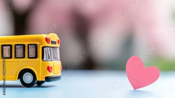 Obraz Yellow toy bus and pink heart symbol, concept of love transportation