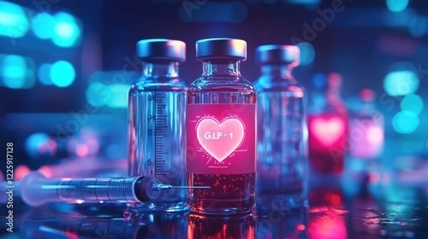 Obraz Vials labeled glp-1 with syringes, heart icon, and growth chart symbolize hormone therapy benefits.