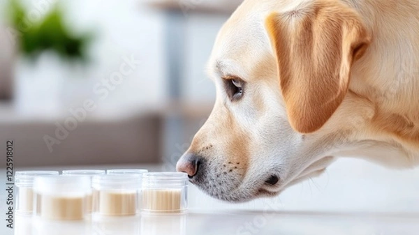 Obraz Close-up of dog sniffing small plastic containers; concept smell examination and testing