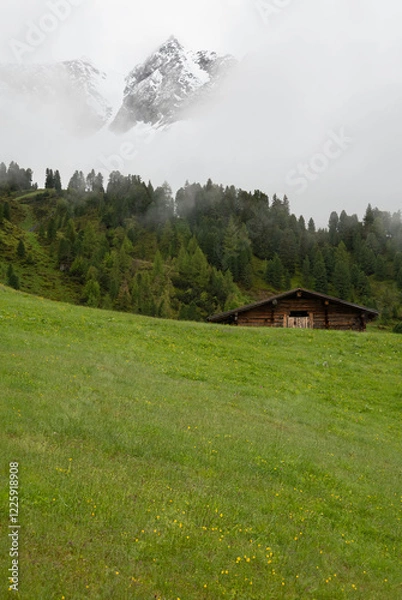 Fototapeta Rustic Alpine Cabin with Misty Mountain Peaks in the Austrian Alps