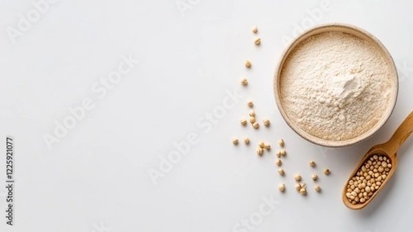 Obraz Bowl and spoon with soy flour soybeans on white background