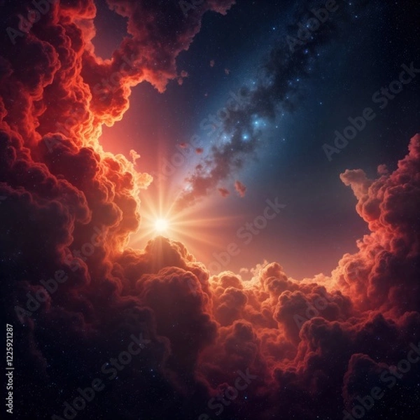 Fototapeta Vast cosmos clouds hide bright sun. Stars twinkle through. Majestic scene. Colorful nebulae pattern. Space background. Cloud formations fill view. Intense light emanates from sun. Cosmic energy.