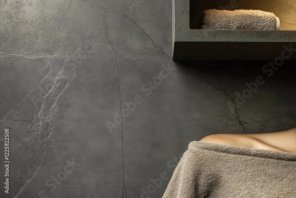 Fototapeta Minimalistic bathroom design with dark textured walls and natural elements