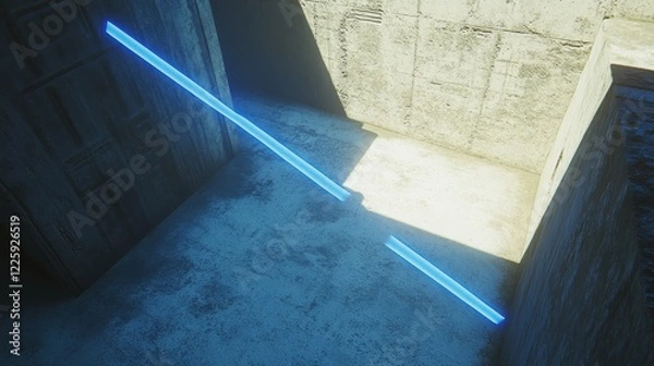 Obraz Blue Neon Lines Illuminate Concrete Corridor Walls