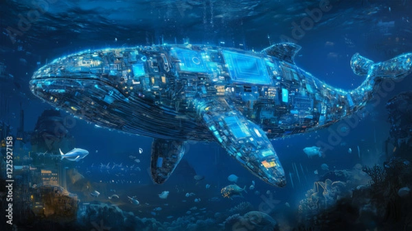 Fototapeta 青い光を放つ機械的パーツを持つサイボーグクジラの近未来海中風景