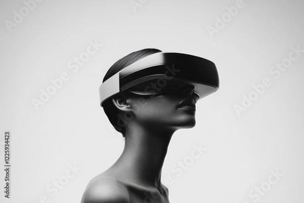 Fototapeta Woman experiencing virtual reality, sleek headset, monochromatic aesthetic.