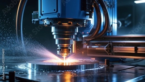 Fototapeta Precision cutting process using advanced laser technology in a workshop