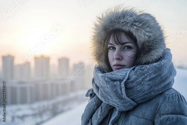 Fototapeta A young woman bundled in a frost-covered winter coat stares intensely at the viewer, cityscape in the background.