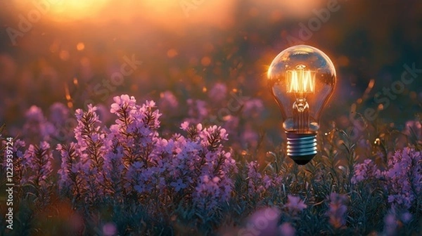 Fototapeta Illuminated Ideas: A Glowing Lightbulb Amidst a Field of Purple Flowers at Sunset