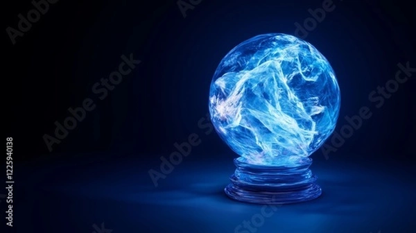 Fototapeta Mystical blue crystal ball glowing with intense light in a dark fantasy setting, evoking magic and mystery
